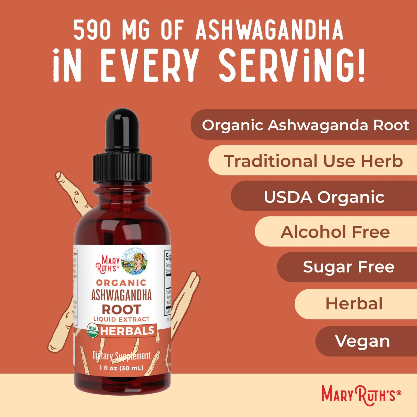 MaryRuth Organics Adaptogenic Ashwagandha Liquid Drops, 60 Servings