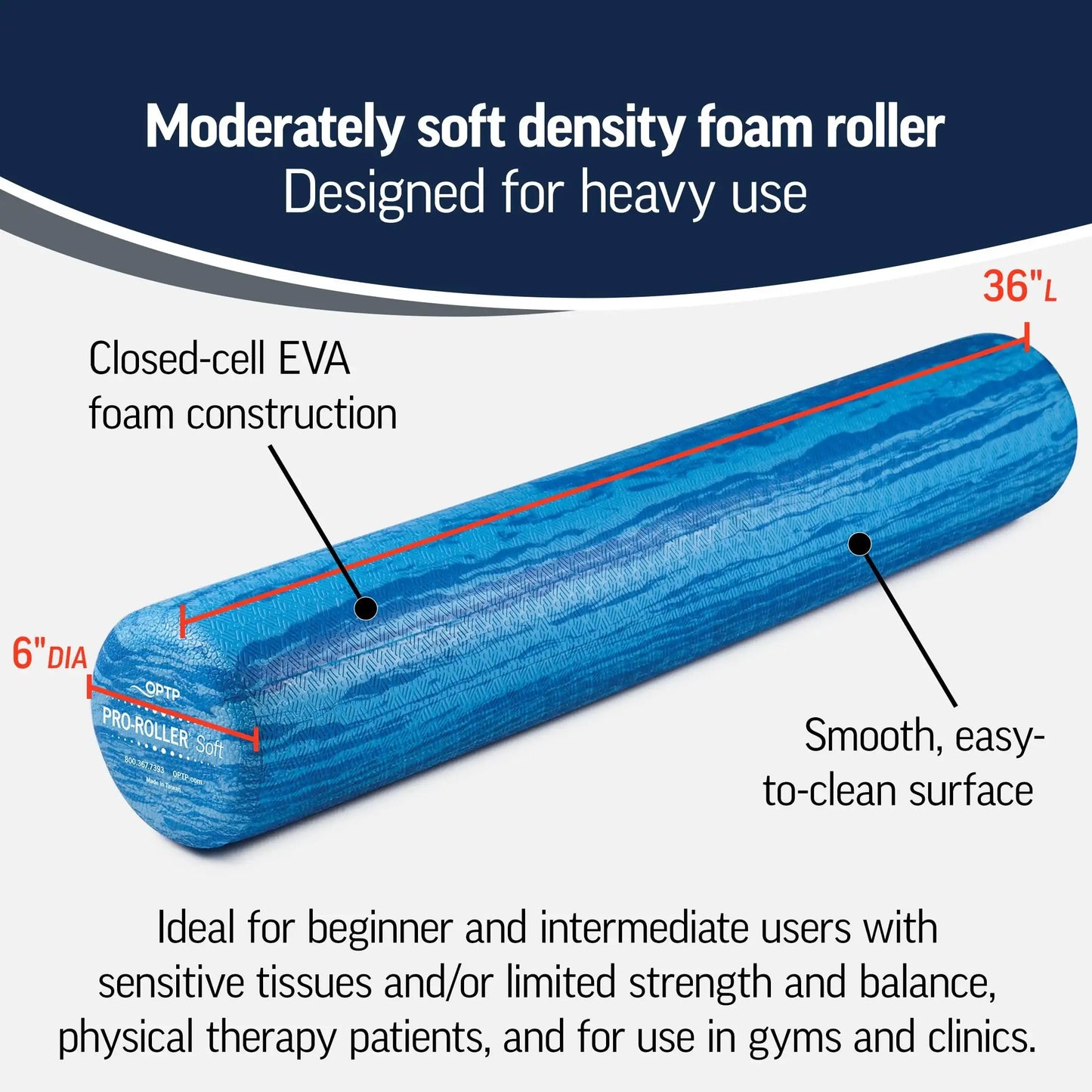 OPTP Soft Density Foam Roller for Muscle Recovery, 36"x6" - imprüv