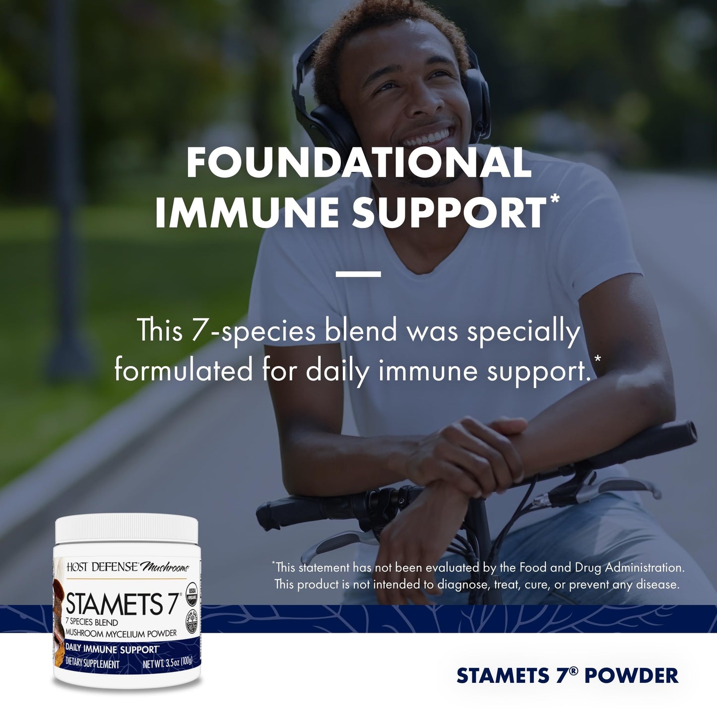 Host Defense Stamets 7 Mushroom Powder for Immune Health, 3.5 oz (66 Servings)