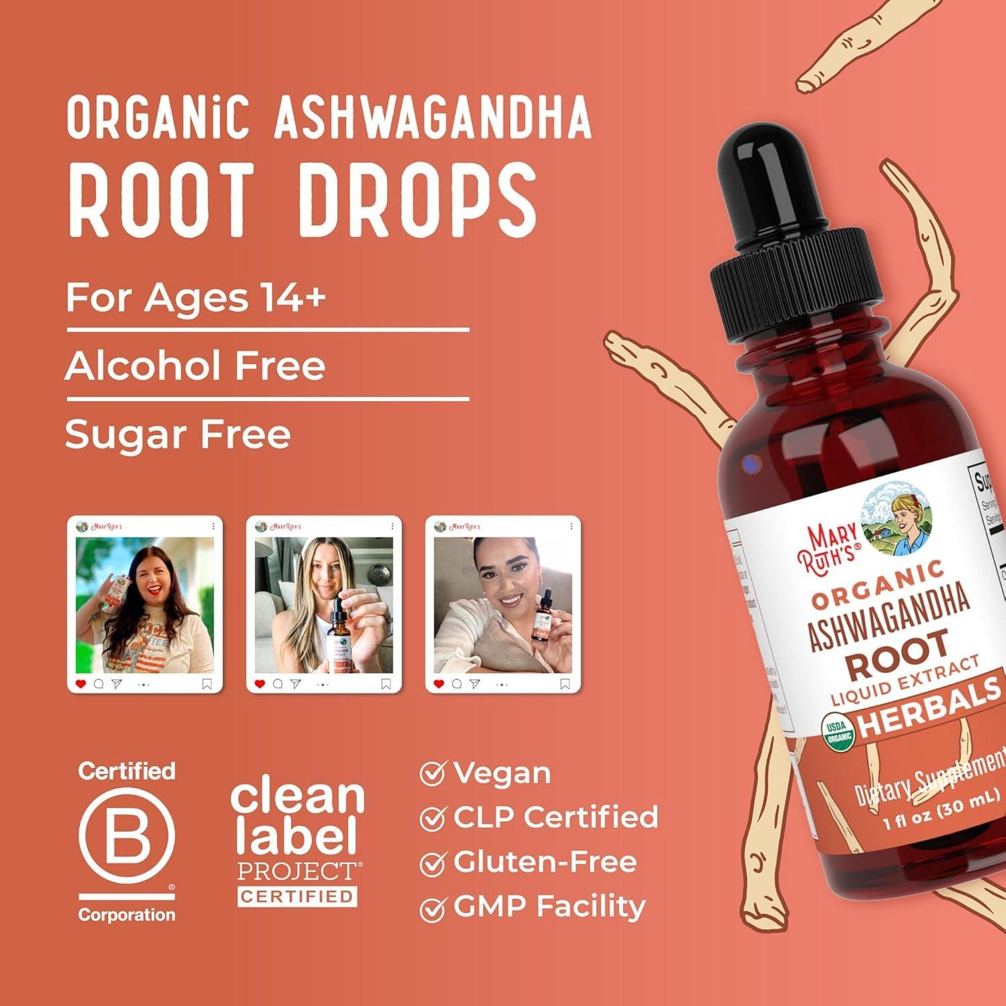 MaryRuth Organics Adaptogenic Ashwagandha Root Liquid Drops for Stress Relief and Mood Support - imprüv