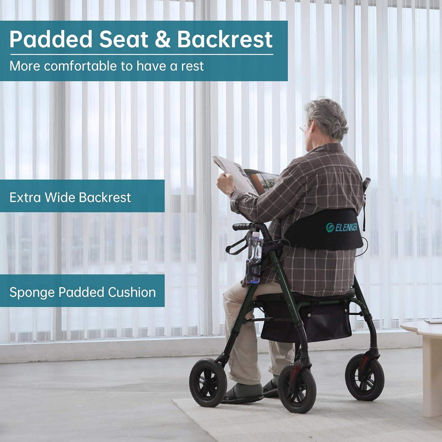 Rollator Walker with All-Terrain 10-Inch Non-Pneumatic Wheels and Padded Seat for Comfort and Injury Recovery - imprüv
