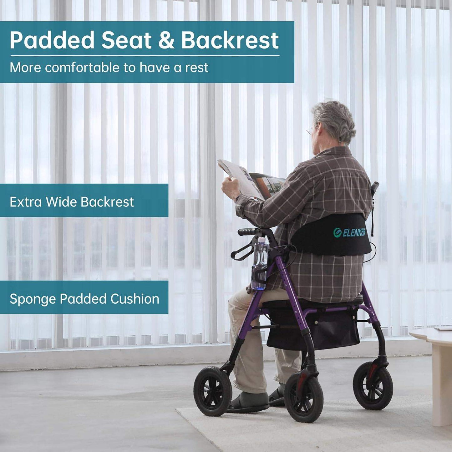 Rollator Walker with All-Terrain 10-Inch Non-Pneumatic Wheels and Padded Seat for Comfort and Injury Recovery - imprüv