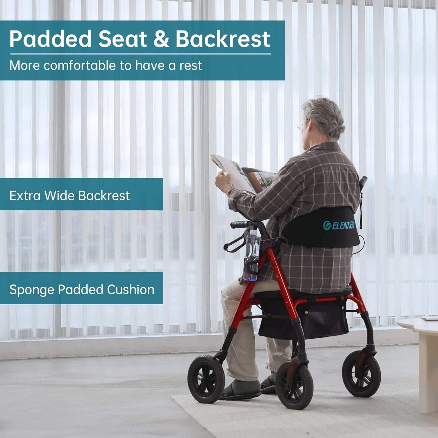 Rollator Walker with All-Terrain 10-Inch Non-Pneumatic Wheels and Padded Seat for Comfort and Injury Recovery - imprüv
