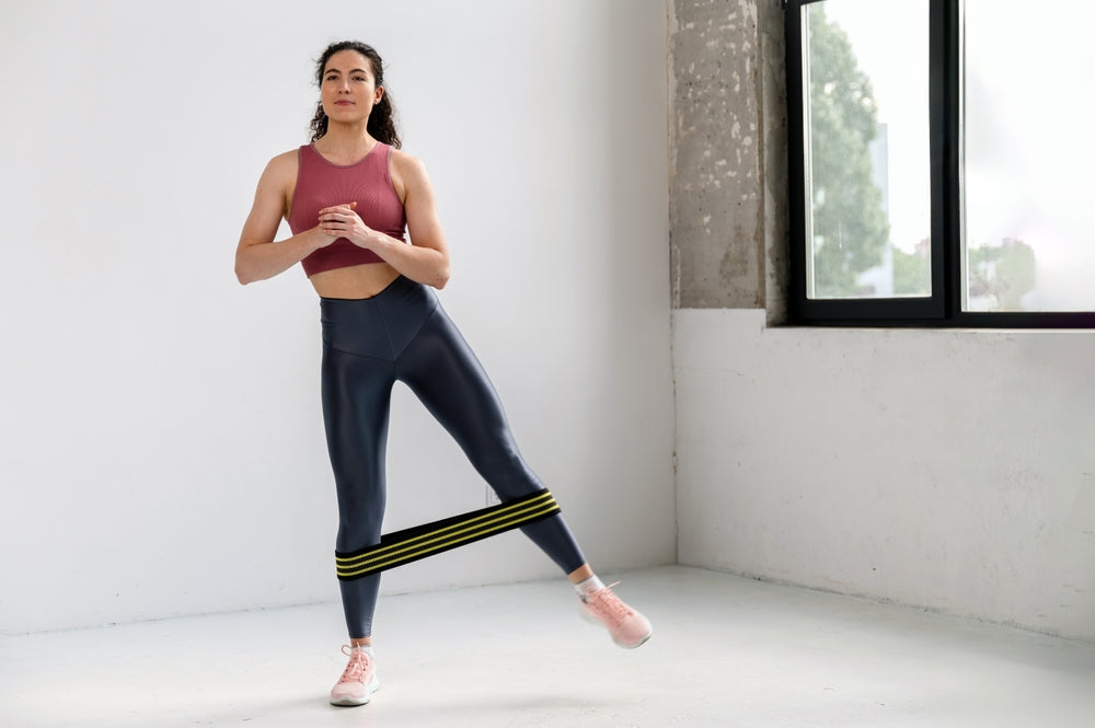 Woman doing a standing banded hip abduction with a loop resistance band around her lower legs, training hip stability and glute strength to reduce “tight” hips from guarding.