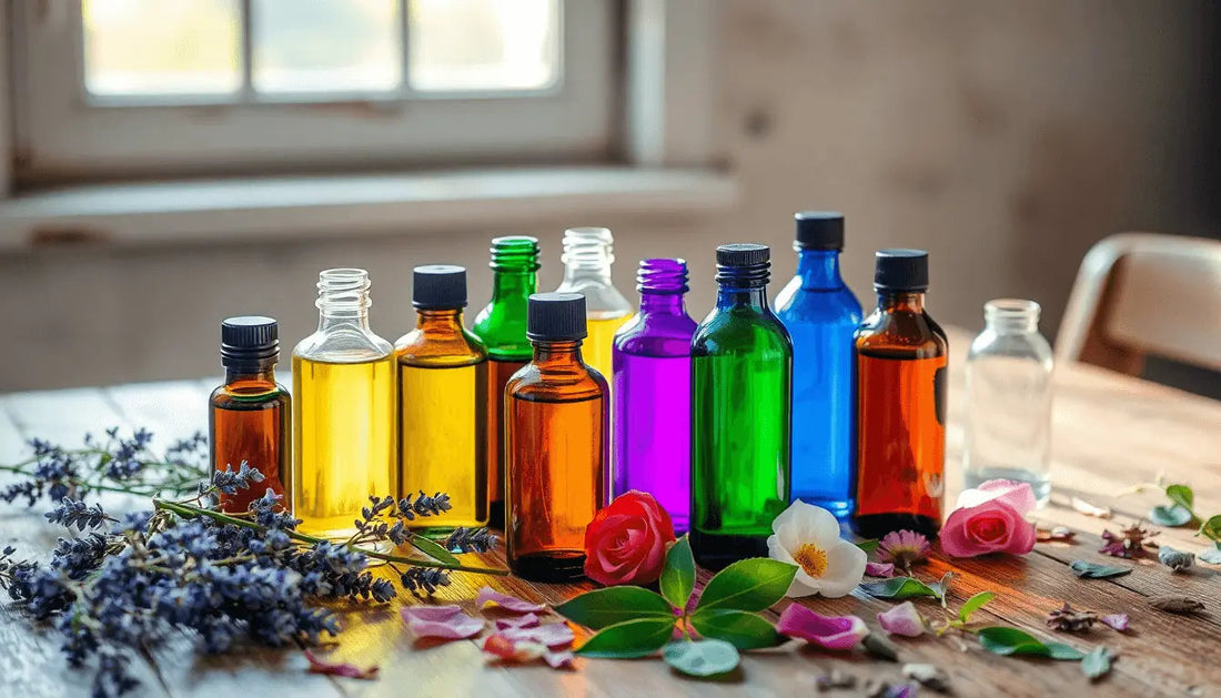 Colorful essential oil aromatherapy bottles neatly lined up on a spa-like counter, evoking calm, balance, and the therapeutic power of aromatherapy.