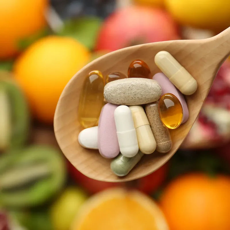 Assorted vitamins and supplements on a wooden spoon surrounded by fresh fruit, representing whole food nutrition support