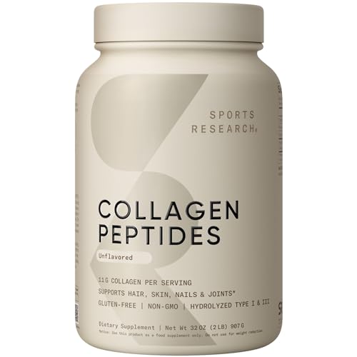 Sports Research Collagen Peptides - Hydrolyzed Type 1 & 3 Collagen Powder Protein Supplement for Healthy Skin, Nails, & Joints - Easy Mixing Vital Nutrients & Proteins, Collagen for Women & Men