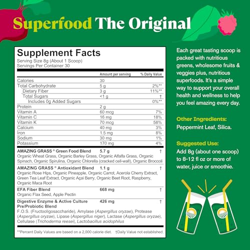 Superfood Greens Blend with Antioxidants, Digestive Enzymes, Fiber Prebiotics and Probiotics