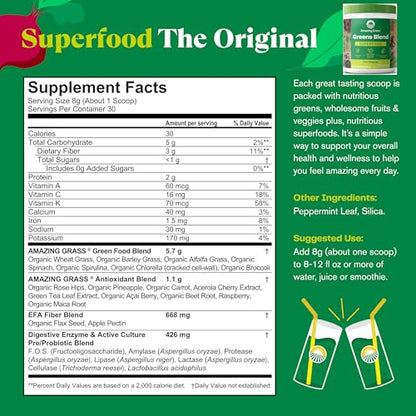 Superfood Greens Blend with Antioxidants, Digestive Enzymes, Fiber Prebiotics and Probiotics