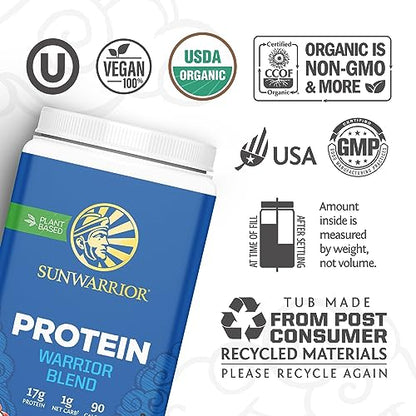 Vegan Organic Protein Powder Plant-based | BCAA Amino Acids Hemp Seed Soy Free Dairy Free Gluten Free Synthetic Free NON-GMO | Chocolate 30 Servings | Warrior Blend by Sunwarrior.