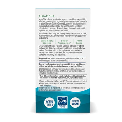 Nordic Naturals Algae DHA, 500 mg Certified Vegan Omega-3 DHA