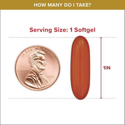 Vial of softgels next to a penny for size comparison on a white background