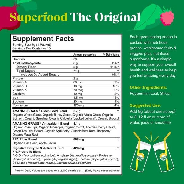 Superfood Greens Blend with Antioxidants, Digestive Enzymes, Fiber Prebiotics and Probiotics