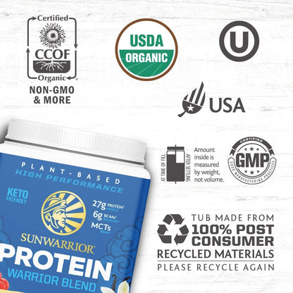 Vegan Organic Protein Powder Plant-based | BCAA Amino Acids Hemp Seed Soy Free Dairy Free Gluten Free Synthetic Free NON-GMO | Chocolate 30 Servings | Warrior Blend by Sunwarrior.