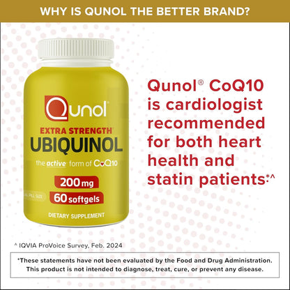 Qunol 200mg Ubiquinol, Powerful Antioxidant for Heart and Vascular Health, Essential for energy production, Natural Supplement Active Form of CoQ10, 60 Count