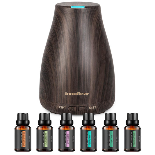InnoGear 100mL essential oil diffuser with wood grain finish and colored mist