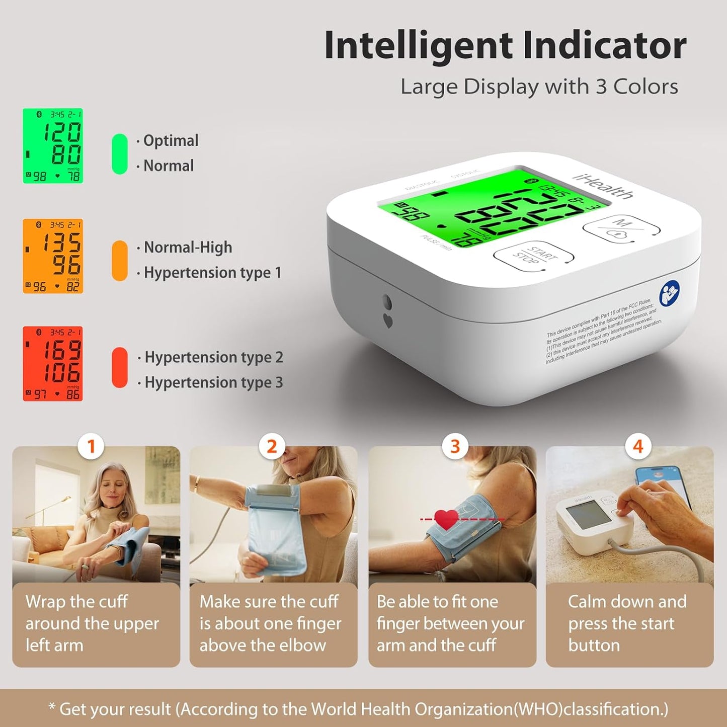 Smart Upper Arm Blood Pressure Monitor with Wide Range Cuff & Bluetooth