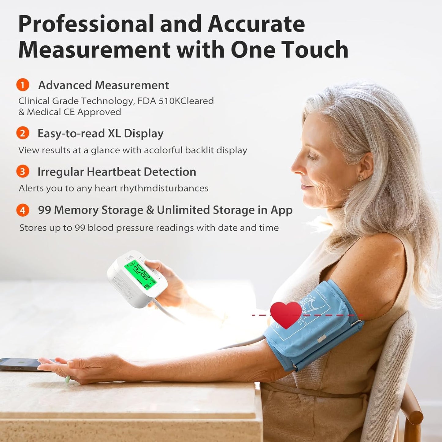 Smart Upper Arm Blood Pressure Monitor with Wide Range Cuff & Bluetooth