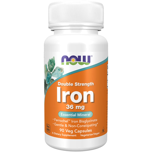 NOW Foods Iron Bisglycinate 36mg supplement capsules bottle
