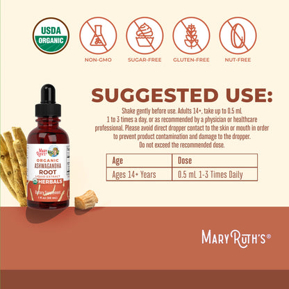 MaryRuth Organics Adaptogenic Ashwagandha Liquid Drops, 60 Servings