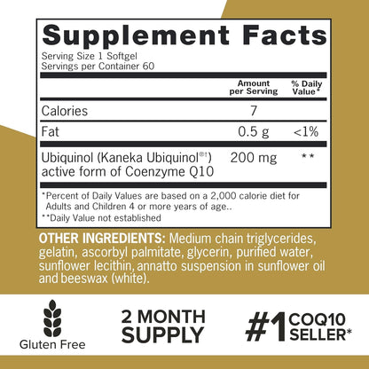 Qunol 200mg Ubiquinol, Powerful Antioxidant for Heart and Vascular Health, Essential for energy production, Natural Supplement Active Form of CoQ10, 60 Count