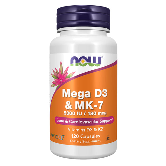 NOW Foods Mega D-3 and MK-7, 5000 IU D3 and 180 mcg K2, 120 Servings