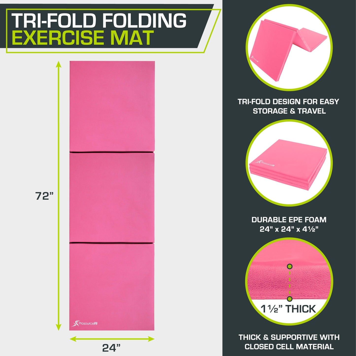 Tri-Fold Folding Thick Exercise Mat with Carrying Handles, 6’x2’ 