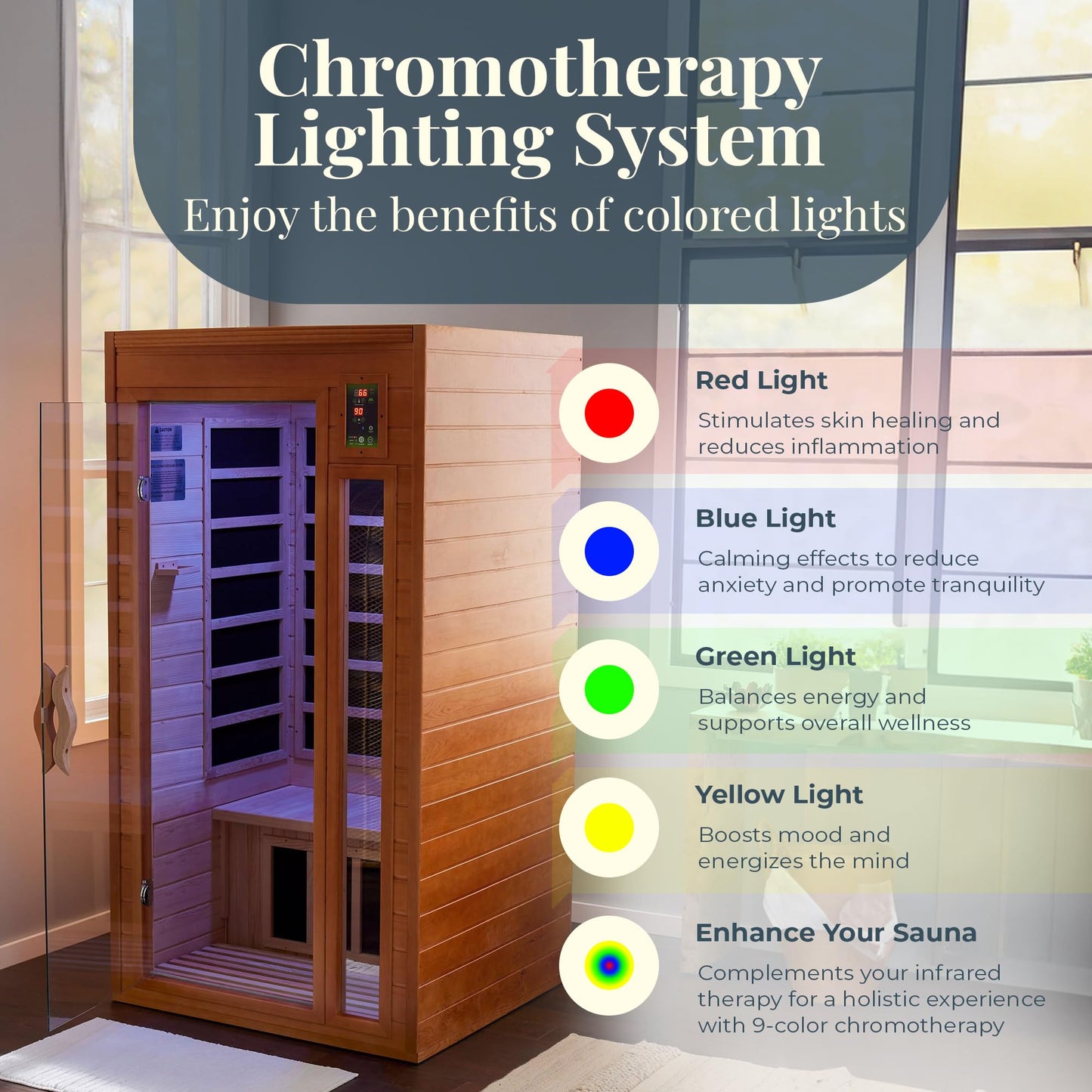 Low EMF Infrared Sauna with Red Light Therapy and Audio System - imprüv 