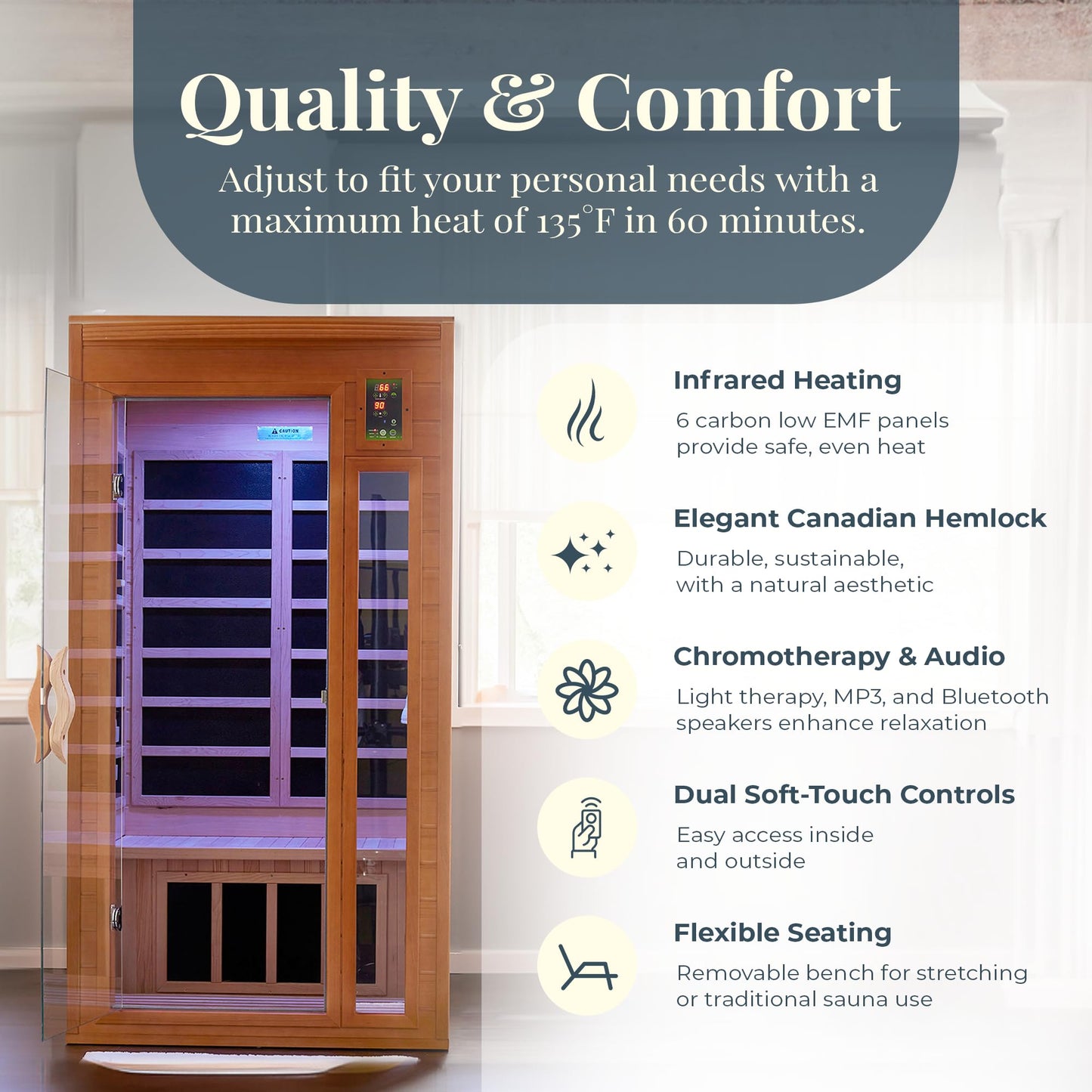 Low EMF Infrared Sauna with Red Light Therapy and Audio System - imprüv 