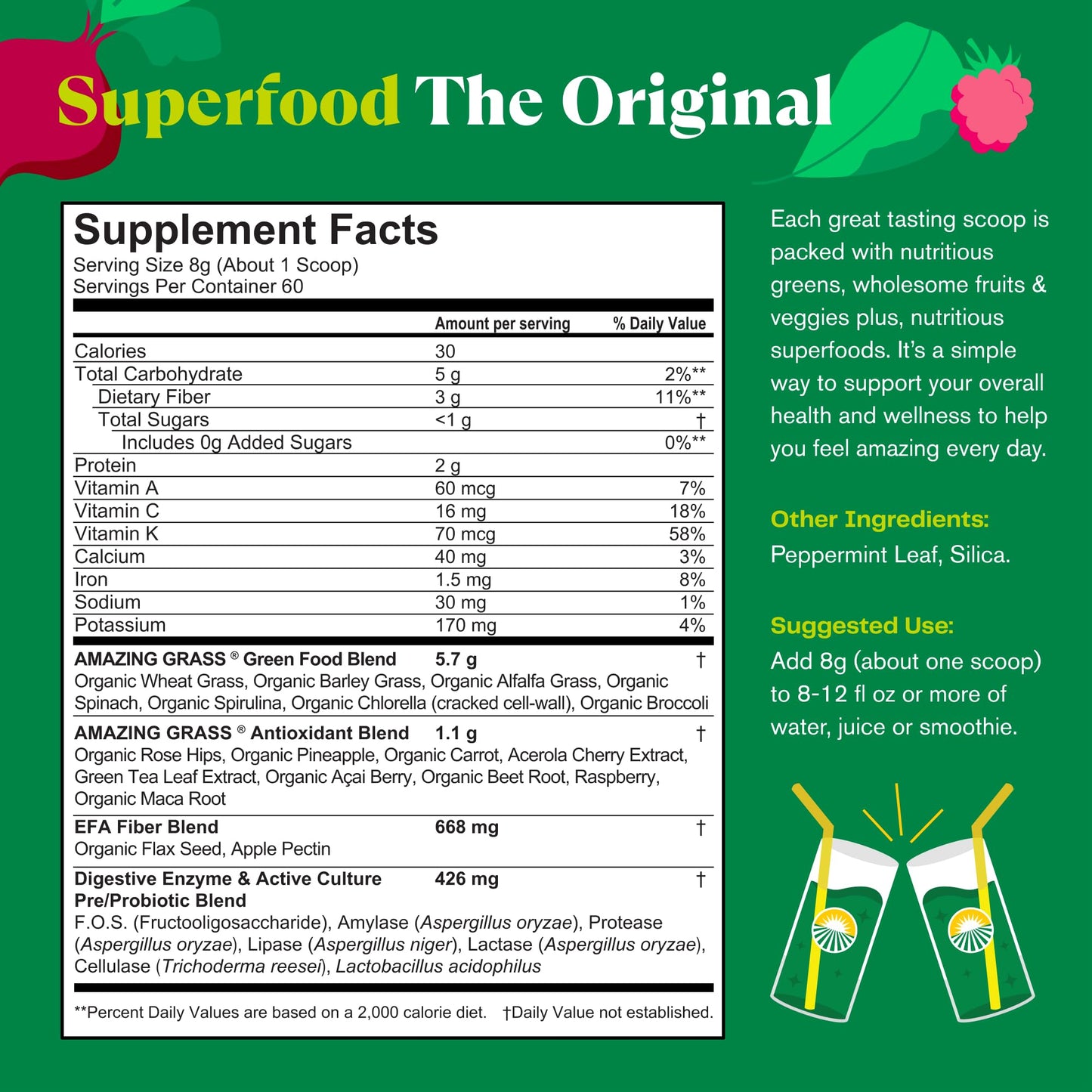 Superfood Greens Blend with Antioxidants, Digestive Enzymes, Fiber Prebiotics and Probiotics