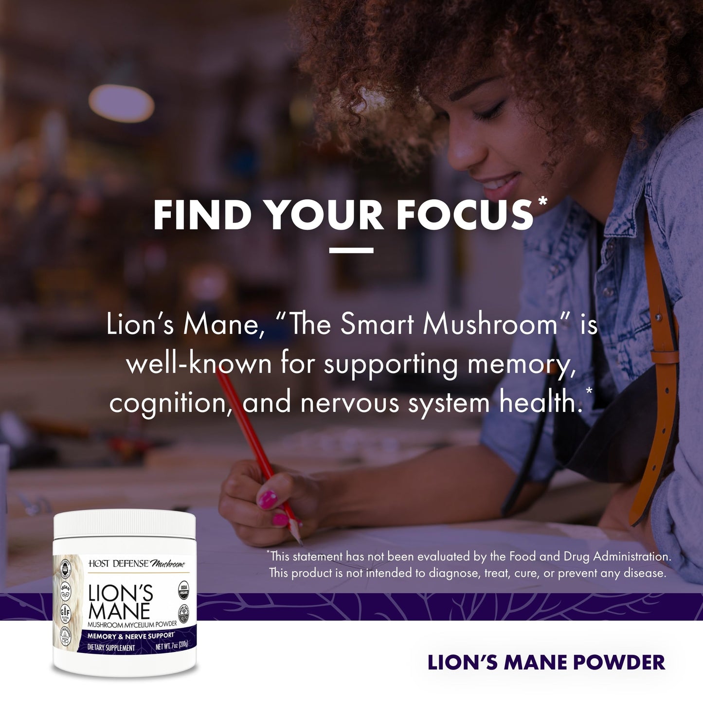 Host Defense Lion's Mane Mushroom Powder for Brain and Memory Support, 7 oz (133 Servings) - imprüv 