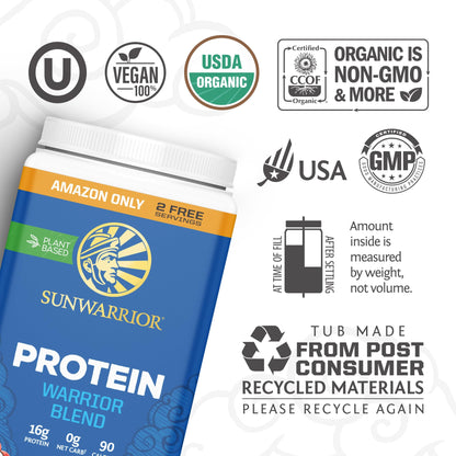 Vegan Organic Protein Powder Plant-based | BCAA Amino Acids Hemp Seed Soy Free Dairy Free Gluten Free Synthetic Free NON-GMO | Chocolate 30 Servings | Warrior Blend by Sunwarrior.