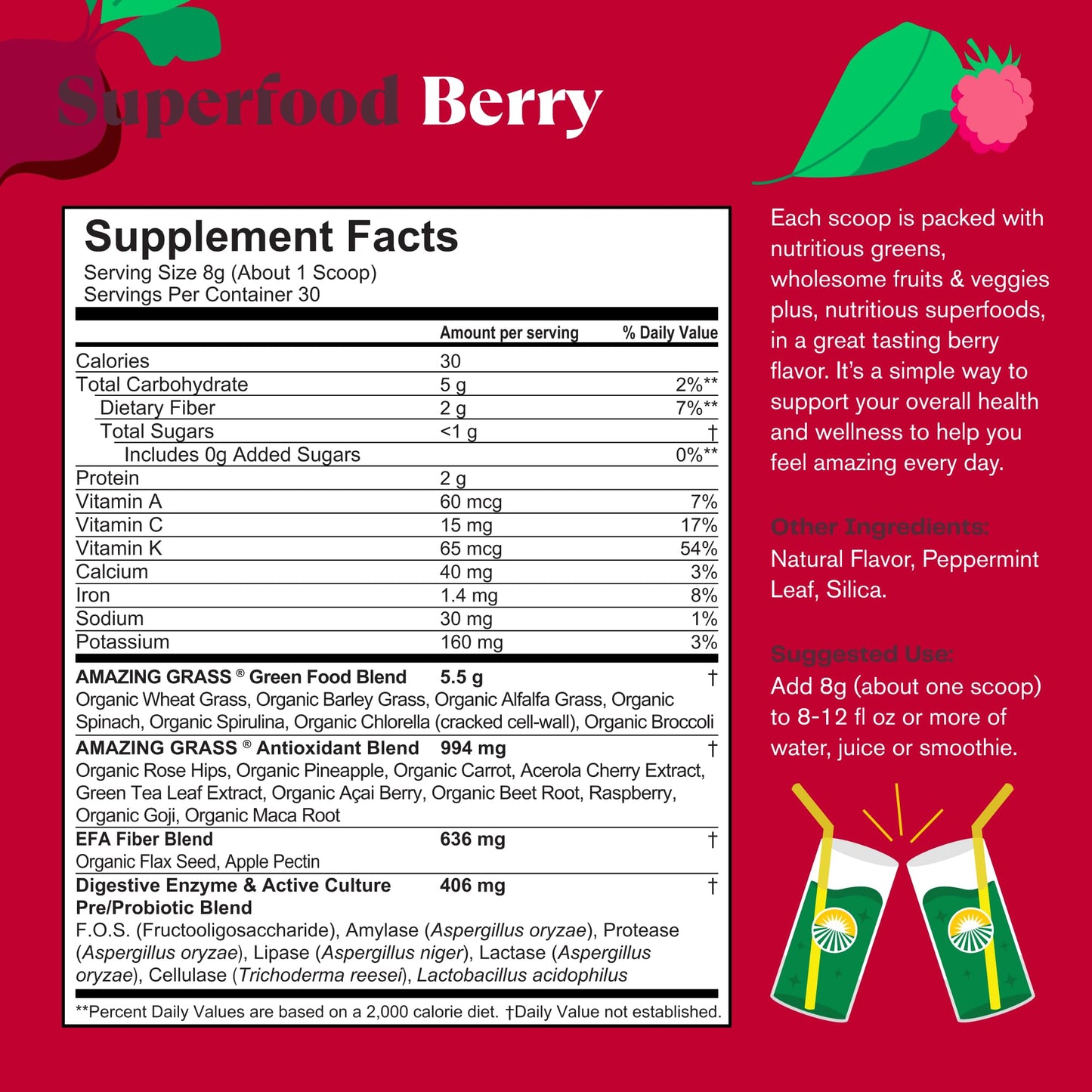 Superfood Greens Blend with Antioxidants, Digestive Enzymes, Fiber Prebiotics and Probiotics