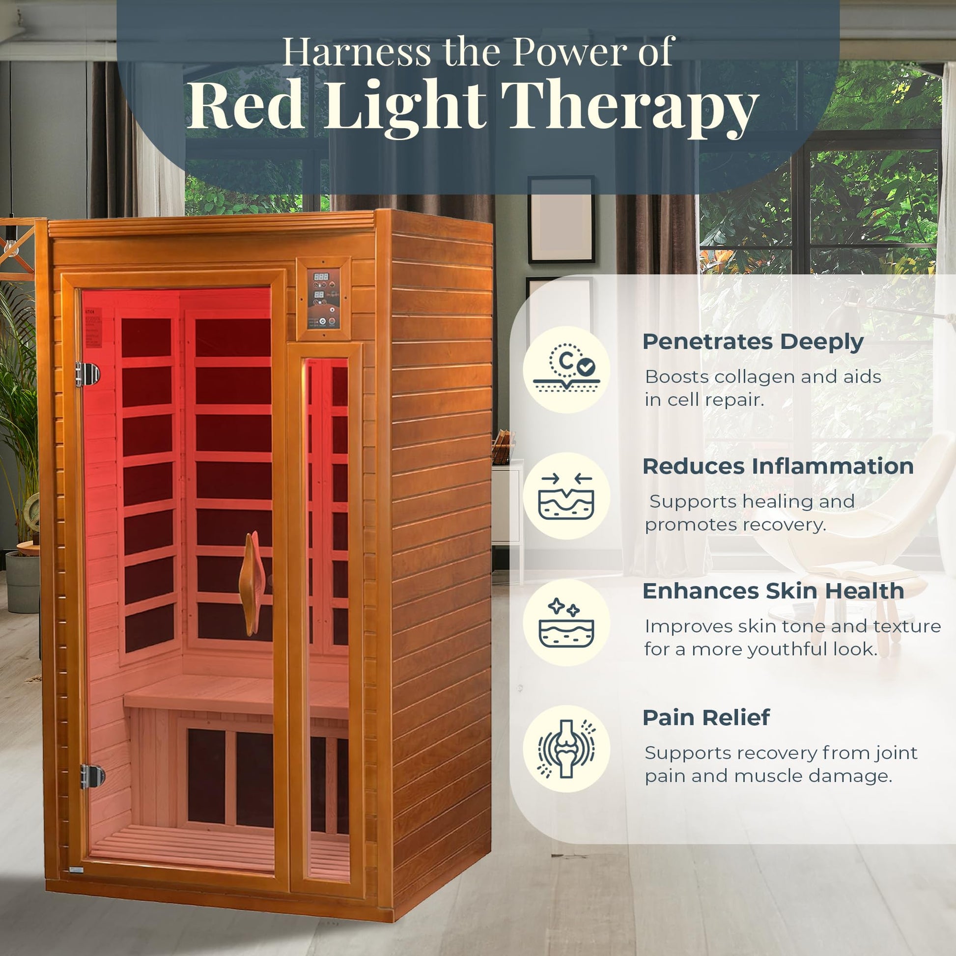 Low EMF Infrared Sauna with Red Light Therapy and Audio System - imprüv 