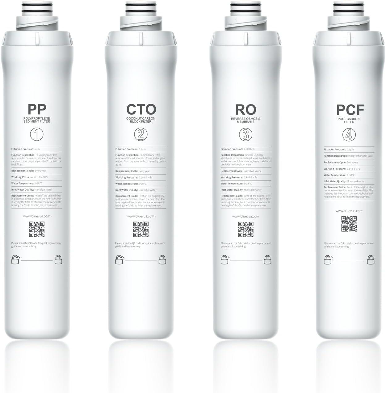Bluevua Water Filter System Replacement Filter Set, Pack of 4 Filters: 1 PP, 1 CTO, 1 RO, 1 PCF - imprüv  