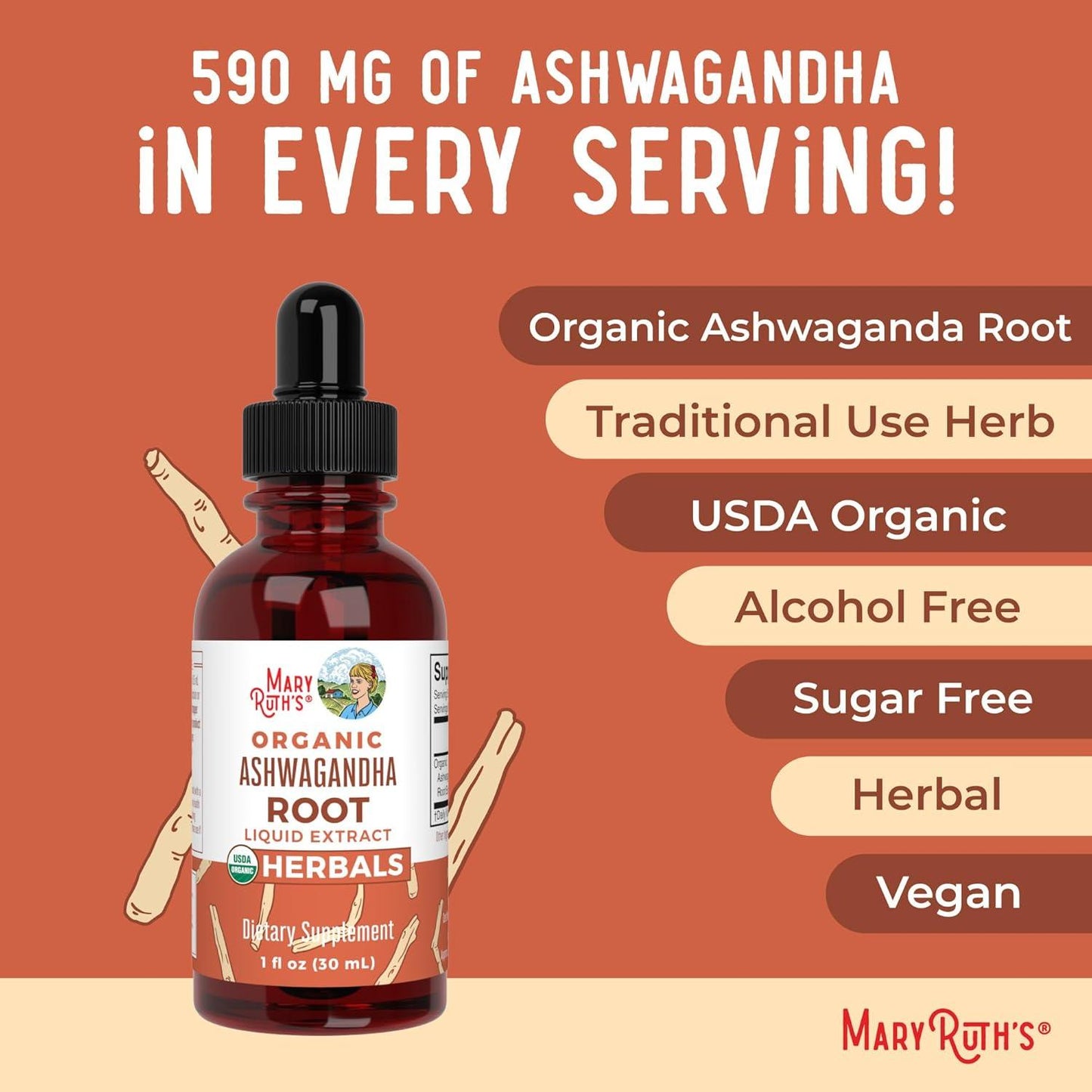 MaryRuth Organics Adaptogenic Ashwagandha Root Liquid Drops for Stress Relief and Mood Support - imprüv  