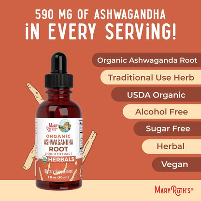 MaryRuth Organics Adaptogenic Ashwagandha Root Liquid Drops for Stress Relief and Mood Support - imprüv  