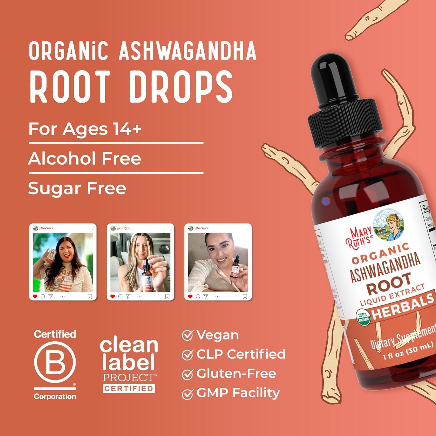 MaryRuth Organics Adaptogenic Ashwagandha Root Liquid Drops for Stress Relief and Mood Support - imprüv  