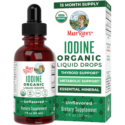 Organic iodine drops by MaryRuth Organics to support thyroid function, energy, and metabolism with 450 servings of potassium iodide in a clean, vegan formula.