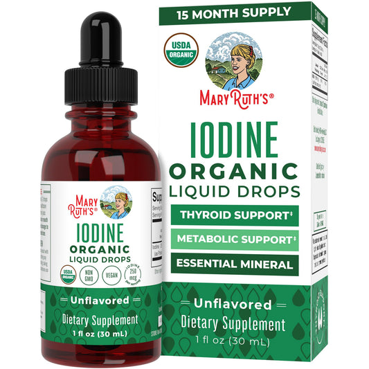 Organic iodine drops by MaryRuth Organics to support thyroid function, energy, and metabolism with 450 servings of potassium iodide in a clean, vegan formula.