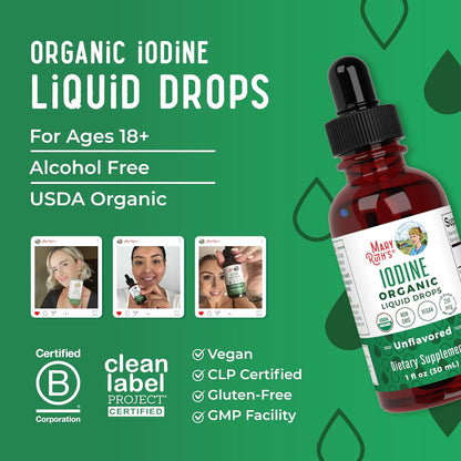 Organic iodine drops by MaryRuth Organics to support thyroid function, energy, and metabolism with 450 servings of potassium iodide in a clean, vegan formula.