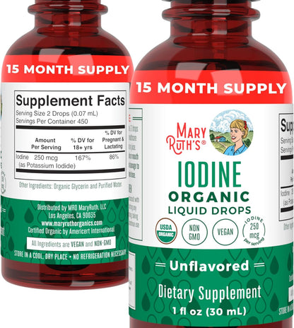 Organic iodine drops by MaryRuth Organics to support thyroid function, energy, and metabolism with 450 servings of potassium iodide in a clean, vegan formula.