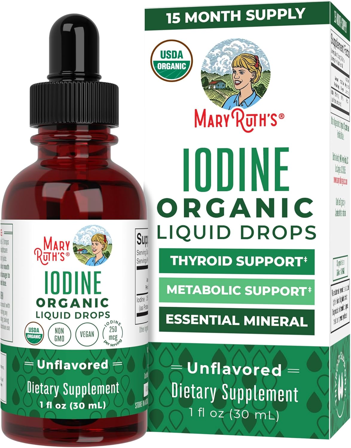 Organic iodine drops by MaryRuth Organics to support thyroid function, energy, and metabolism with 450 servings of potassium iodide in a clean, vegan formula.