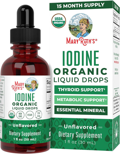 Organic iodine drops by MaryRuth Organics to support thyroid function, energy, and metabolism with 450 servings of potassium iodide in a clean, vegan formula.