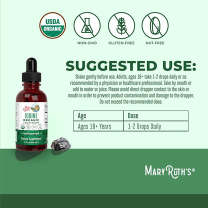 Organic iodine drops by MaryRuth Organics to support thyroid function, energy, and metabolism with 450 servings of potassium iodide in a clean, vegan formula.