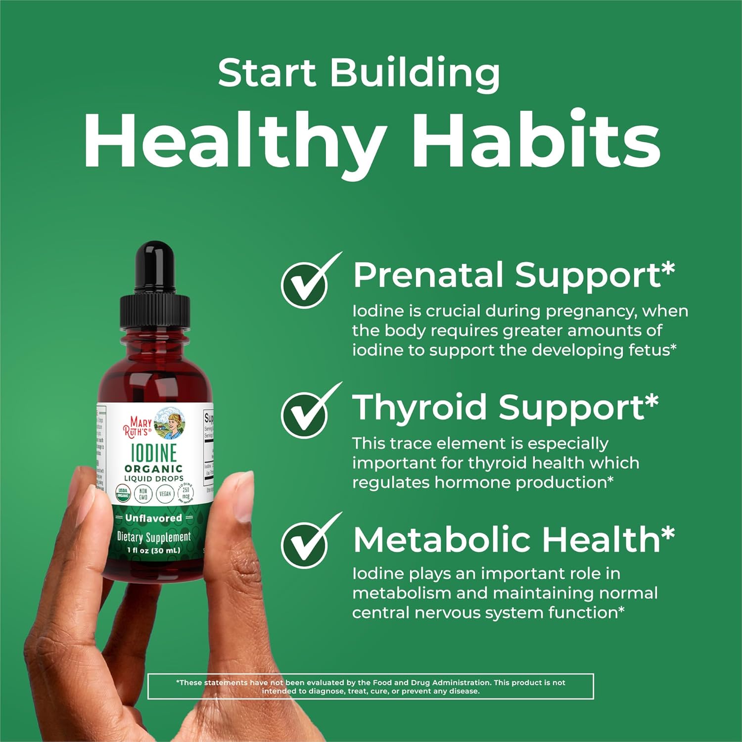 Organic iodine drops by MaryRuth Organics to support thyroid function, energy, and metabolism with 450 servings of potassium iodide in a clean, vegan formula.