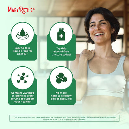 Organic iodine drops by MaryRuth Organics to support thyroid function, energy, and metabolism with 450 servings of potassium iodide in a clean, vegan formula.