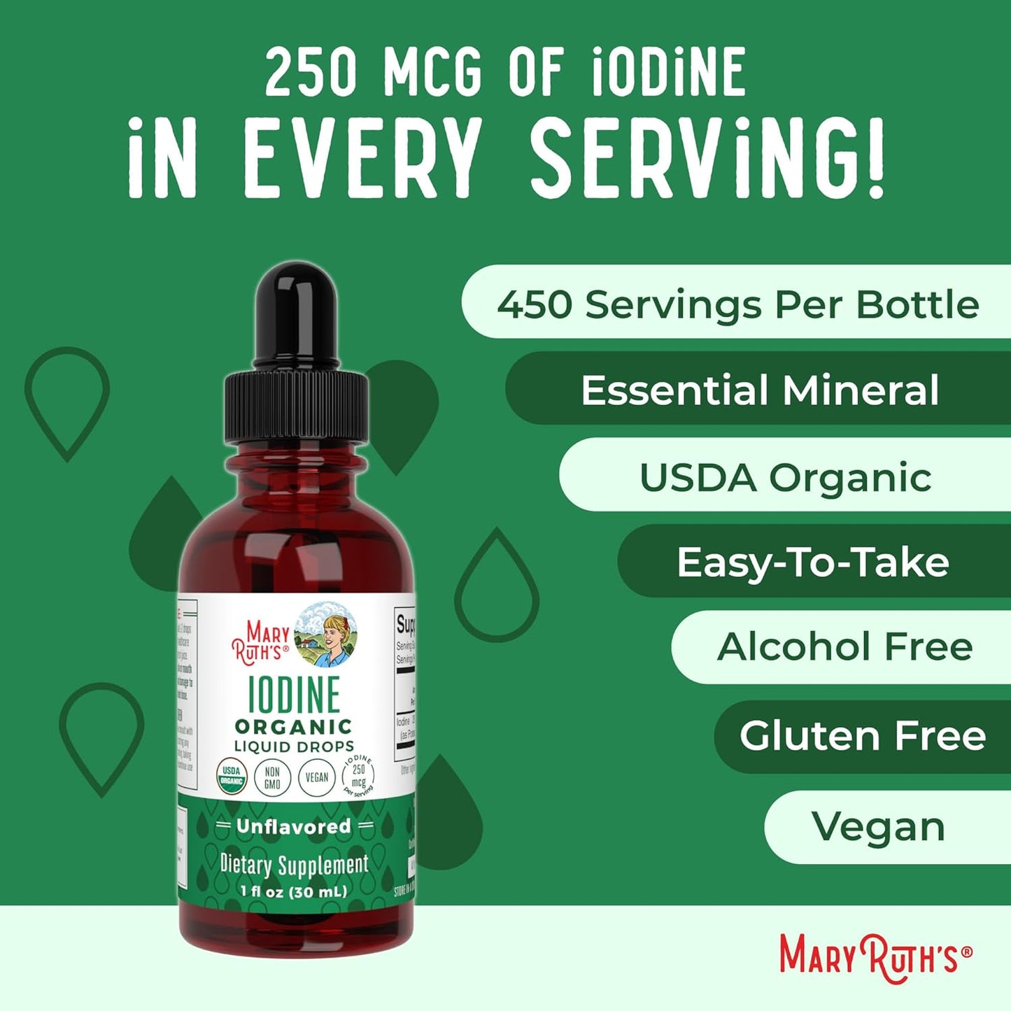 Organic iodine drops by MaryRuth Organics to support thyroid function, energy, and metabolism with 450 servings of potassium iodide in a clean, vegan formula.