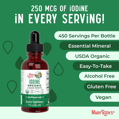 Organic iodine drops by MaryRuth Organics to support thyroid function, energy, and metabolism with 450 servings of potassium iodide in a clean, vegan formula.