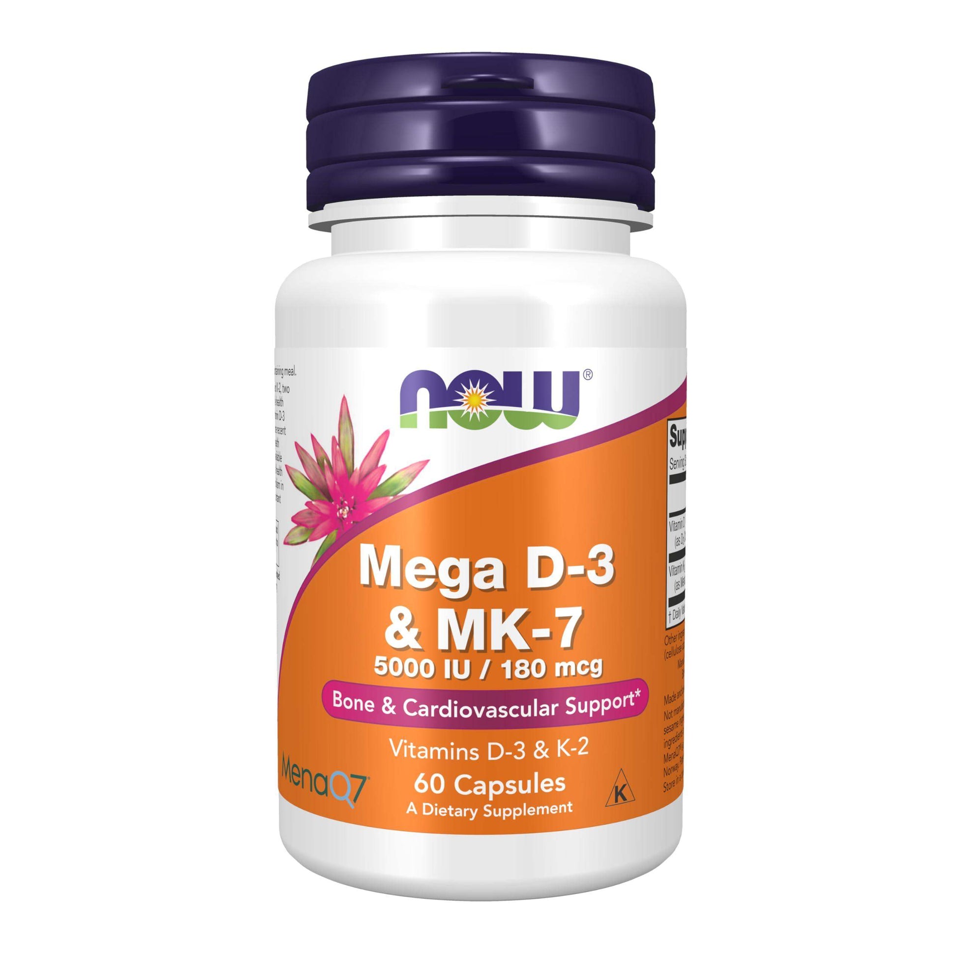NOW Foods Mega D-3 and MK-7 with 5,000 IU Vitamin D3 and 180 mcg K2 for Bone and Heart Health, 60 Capsules - imprüv  